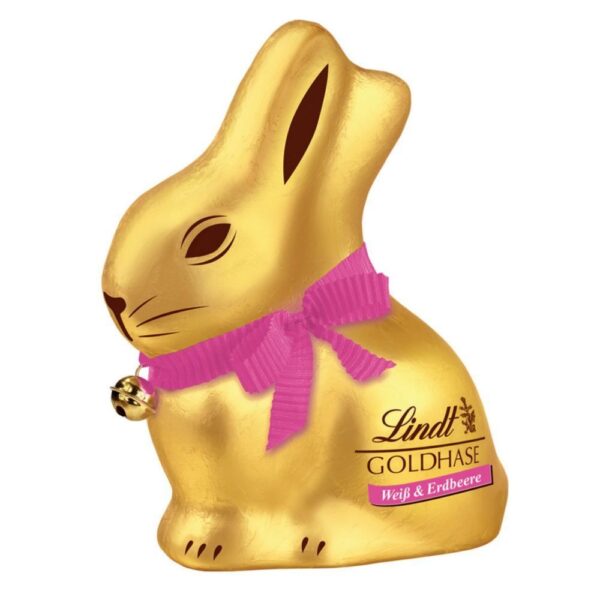 Iepuras Lindt cu ciocolata alba si capsune 100g