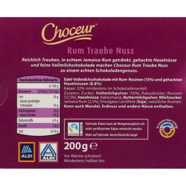 Ciocolata Choceur rum trauben nuss 200g